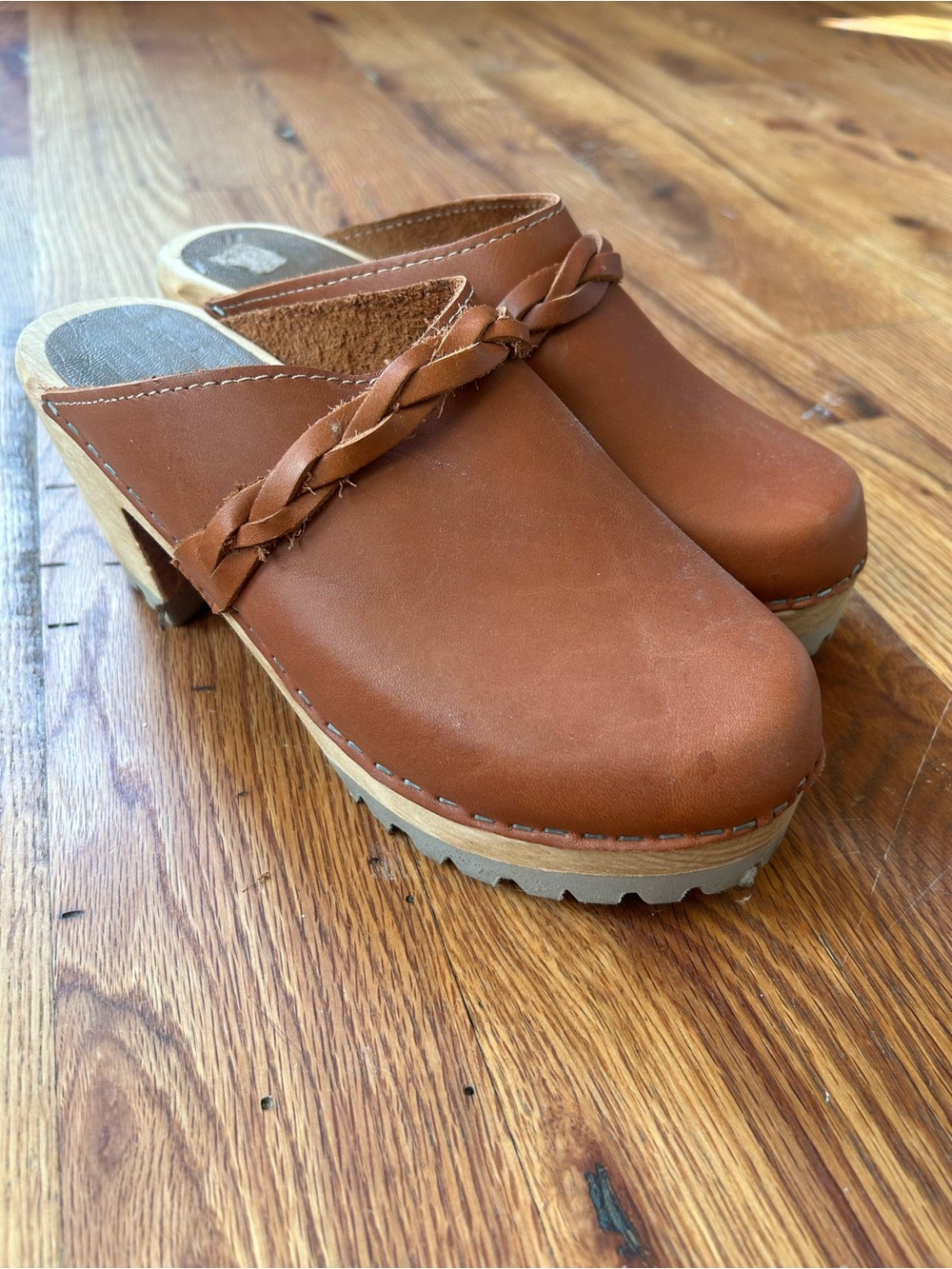 MIA Swedish Cognac Braided Leather Elsa Clog Mules Size 37